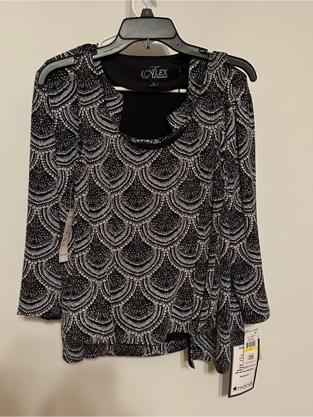 Alex Evenings Black and Silver Beaded Scoop Neck Evening Blouse